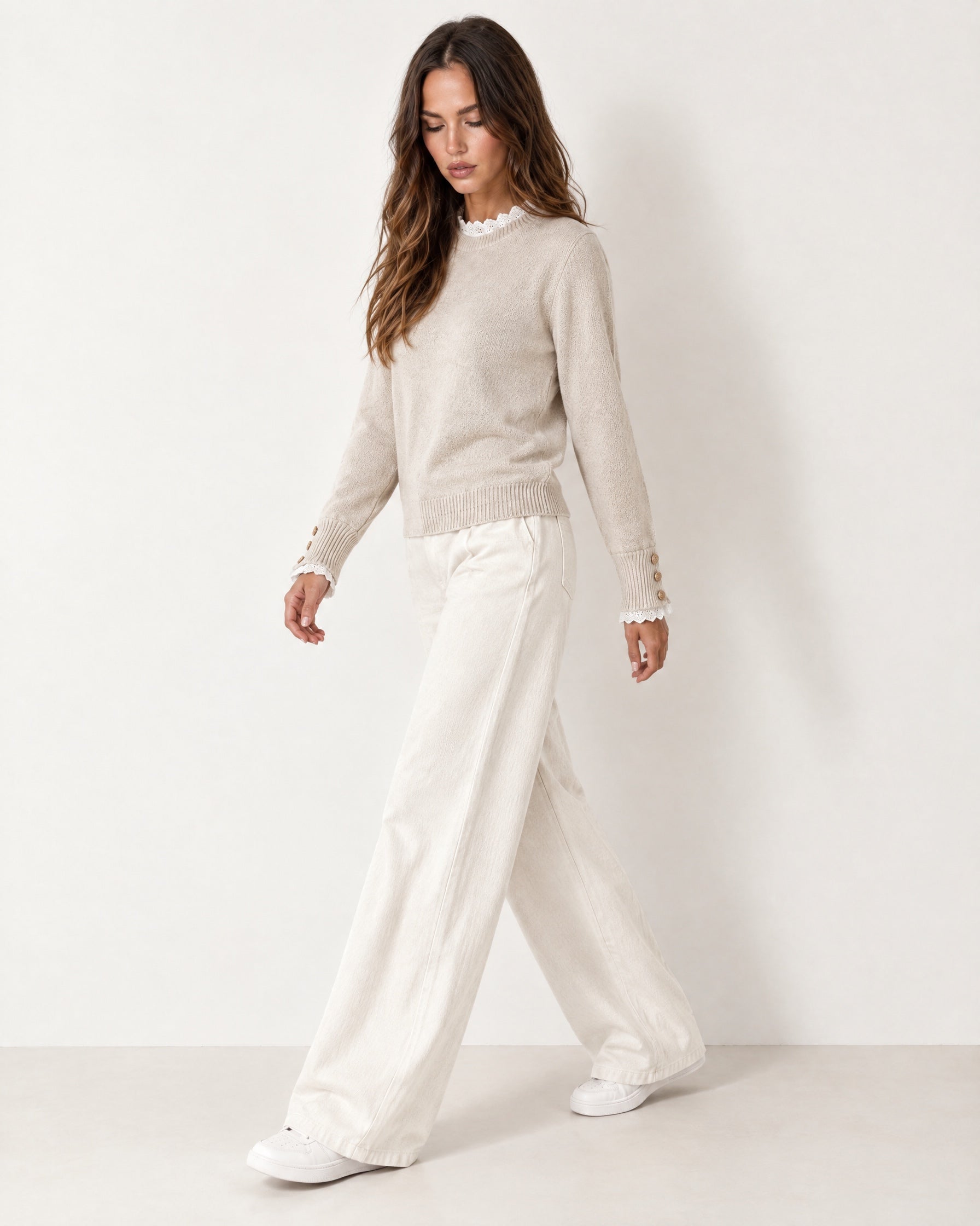 Cream Lace Trim Jumper Crew Neck Buttoned Cuffs