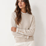 Cream Lace Trim Jumper Crew Neck Buttoned Cuffs