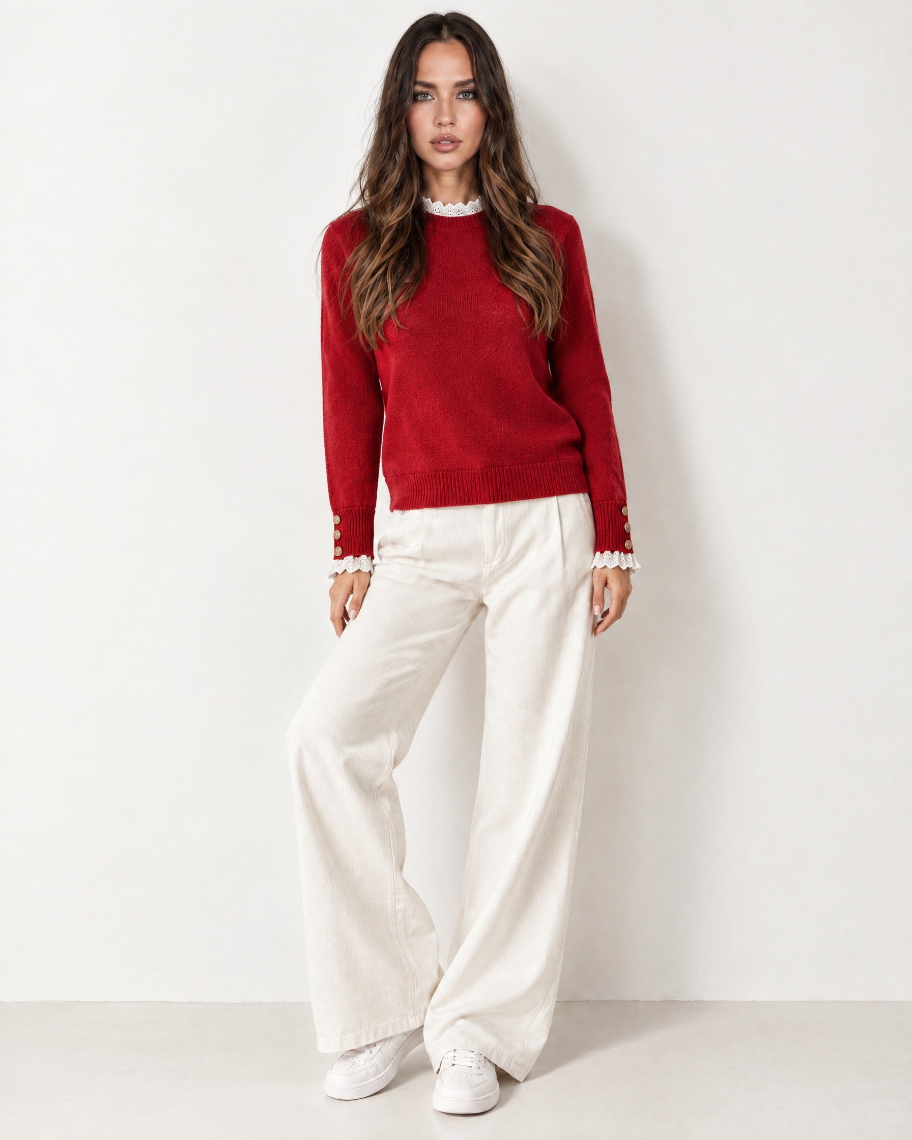 Red Lace Trim Jumper Crew Neck Buttoned Cuffs