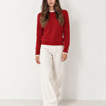 Red Lace Trim Jumper Crew Neck Buttoned Cuffs