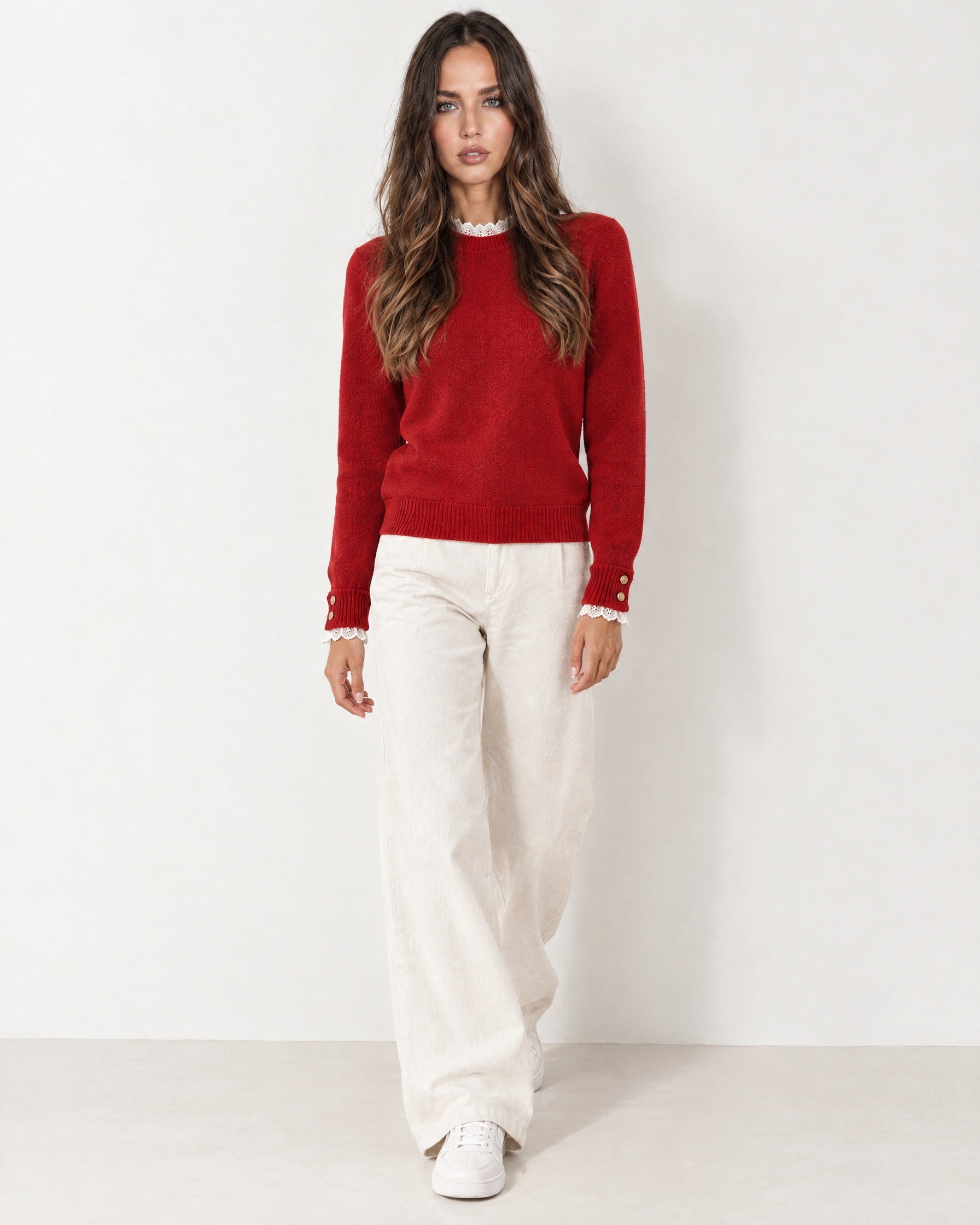 Red Lace Trim Jumper Crew Neck Buttoned Cuffs