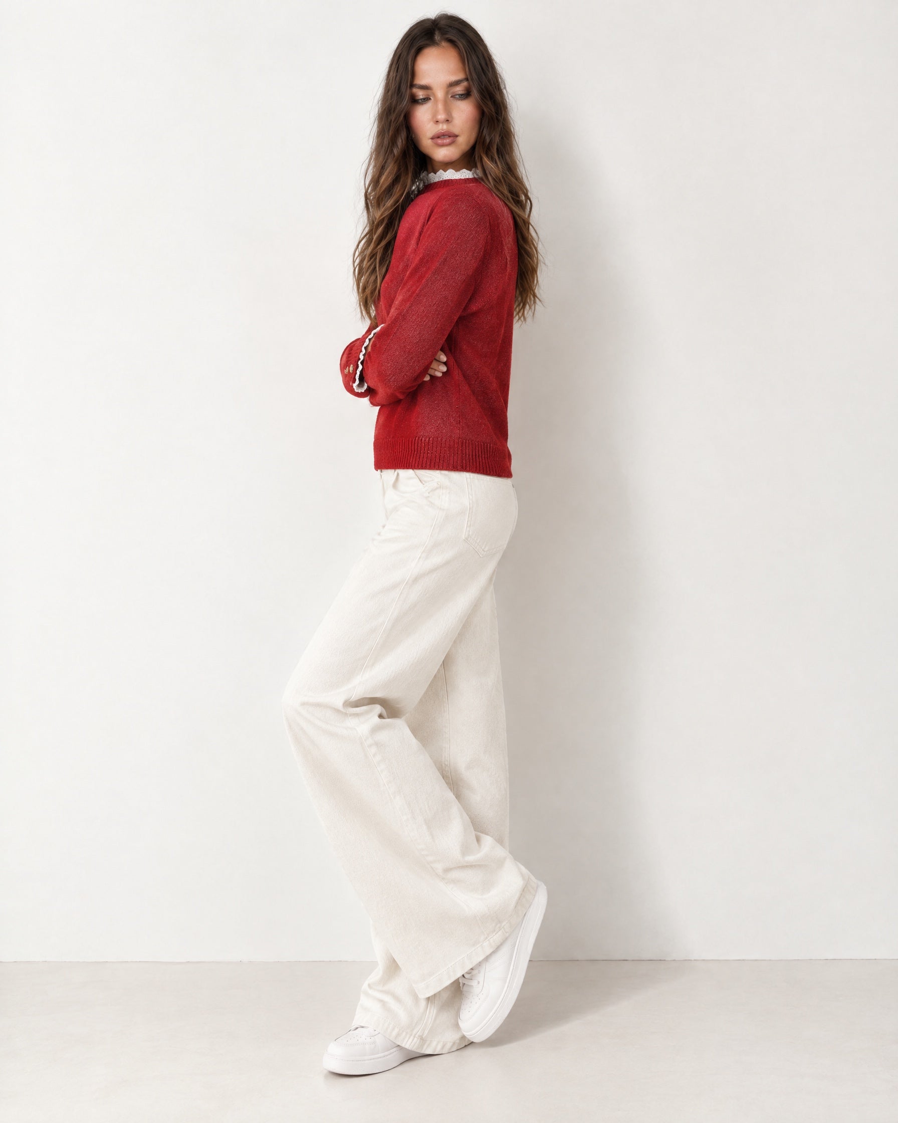 Red Lace Trim Jumper Crew Neck Buttoned Cuffs