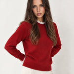 Red Lace Trim Jumper Crew Neck Buttoned Cuffs
