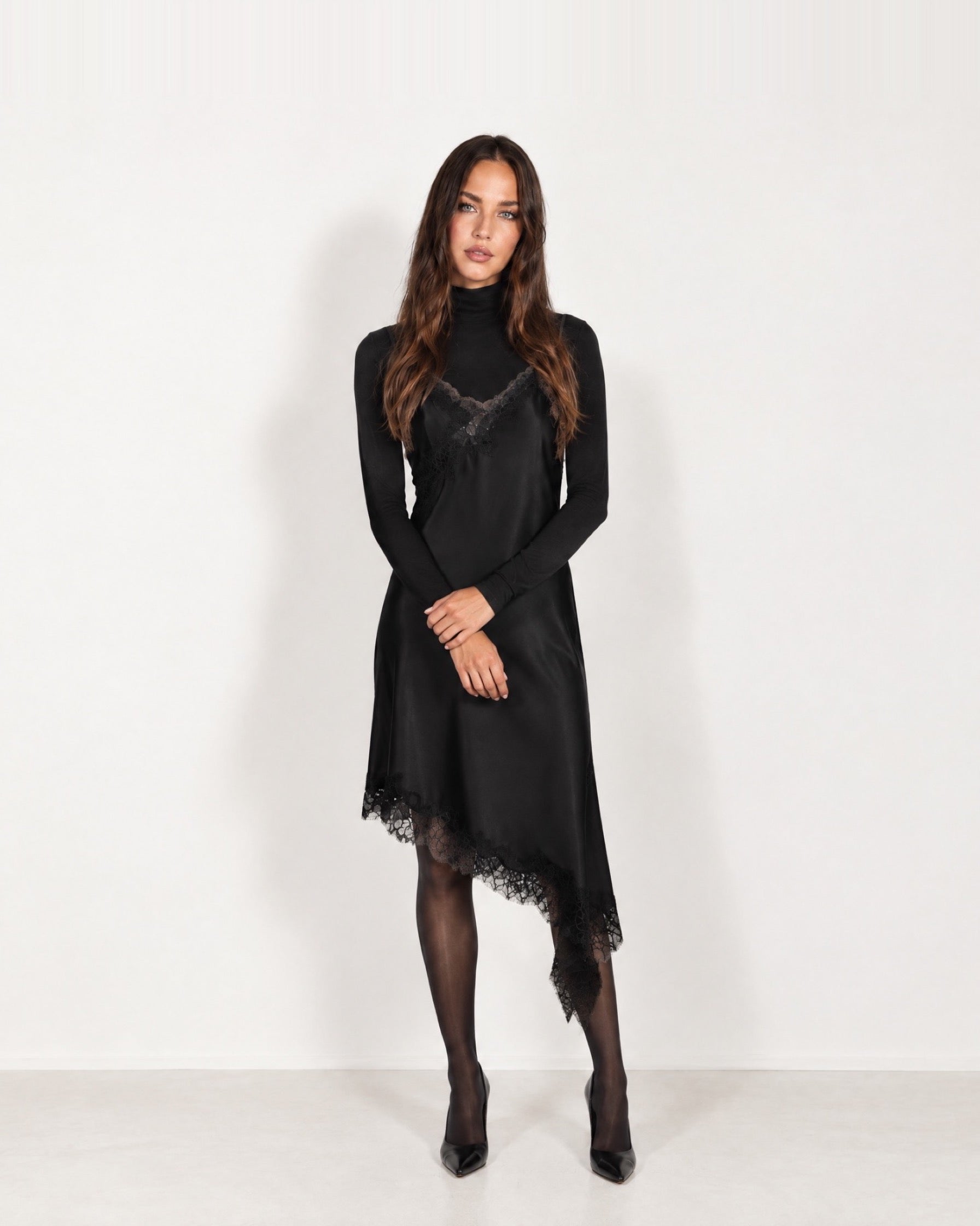 Black Slip Dress Lace Trim Asymmetric Hem