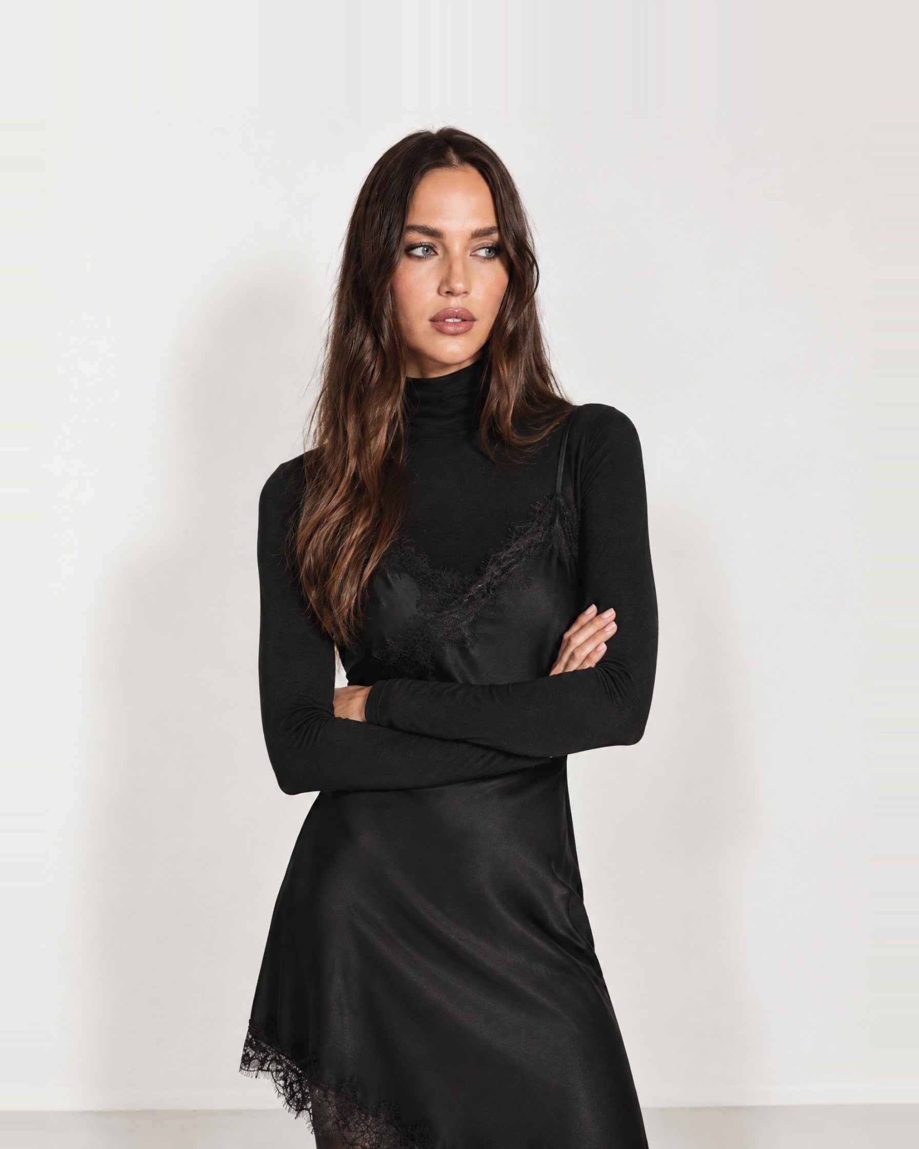 Black Slip Dress Lace Trim Asymmetric Hem