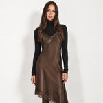 Brown Slip Dress Lace Trim Asymmetric Hem