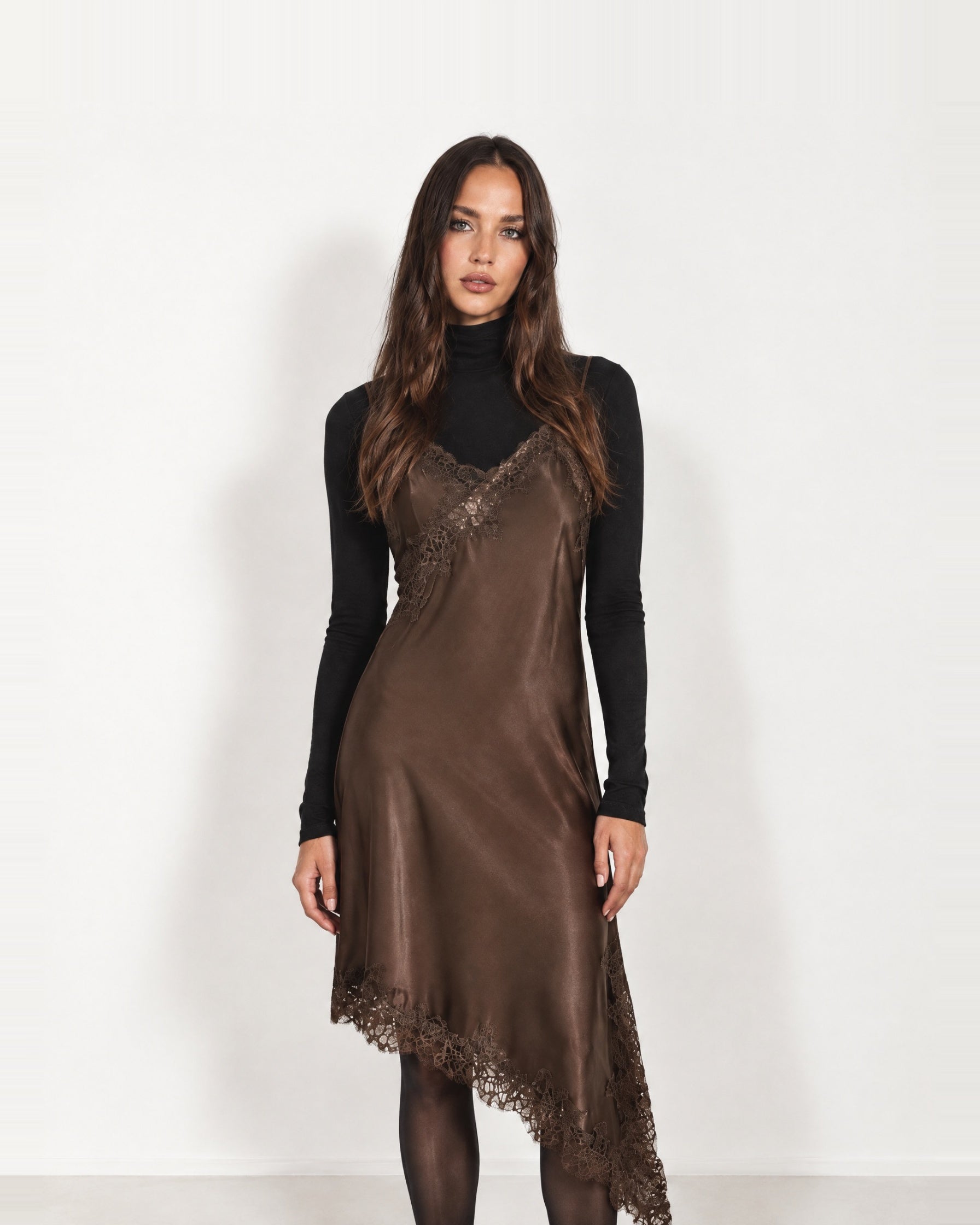 Brown Slip Dress Lace Trim Asymmetric Hem