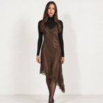 Brown Slip Dress Lace Trim Asymmetric Hem