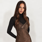 Brown Slip Dress Lace Trim Asymmetric Hem