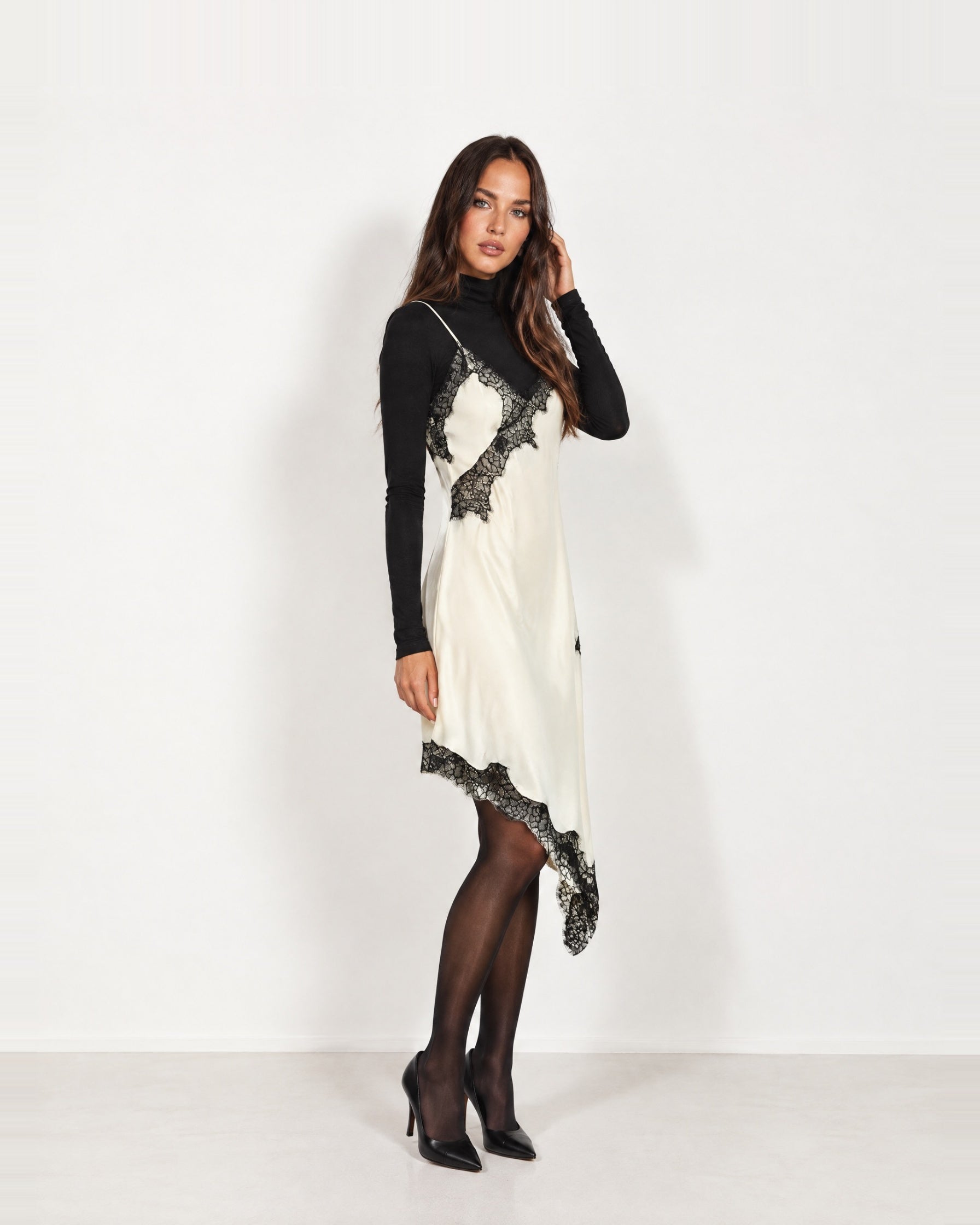 Cream Slip Dress Lace Trim Asymmetric Hem