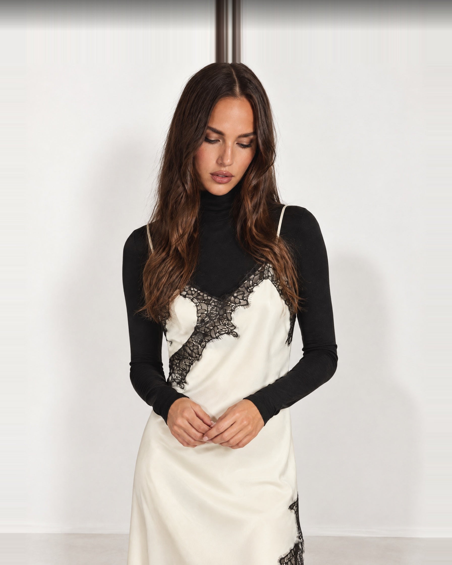 Cream Slip Dress Lace Trim Asymmetric Hem