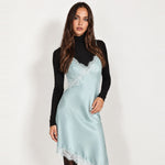 Light Blue Slip Dress Lace Trim Asymmetric Hem