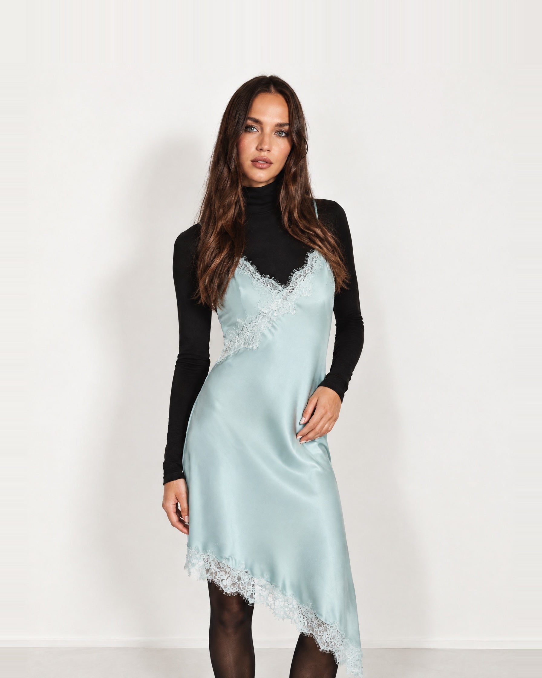 Light Blue Slip Dress Lace Trim Asymmetric Hem