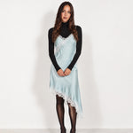 Light Blue Slip Dress Lace Trim Asymmetric Hem