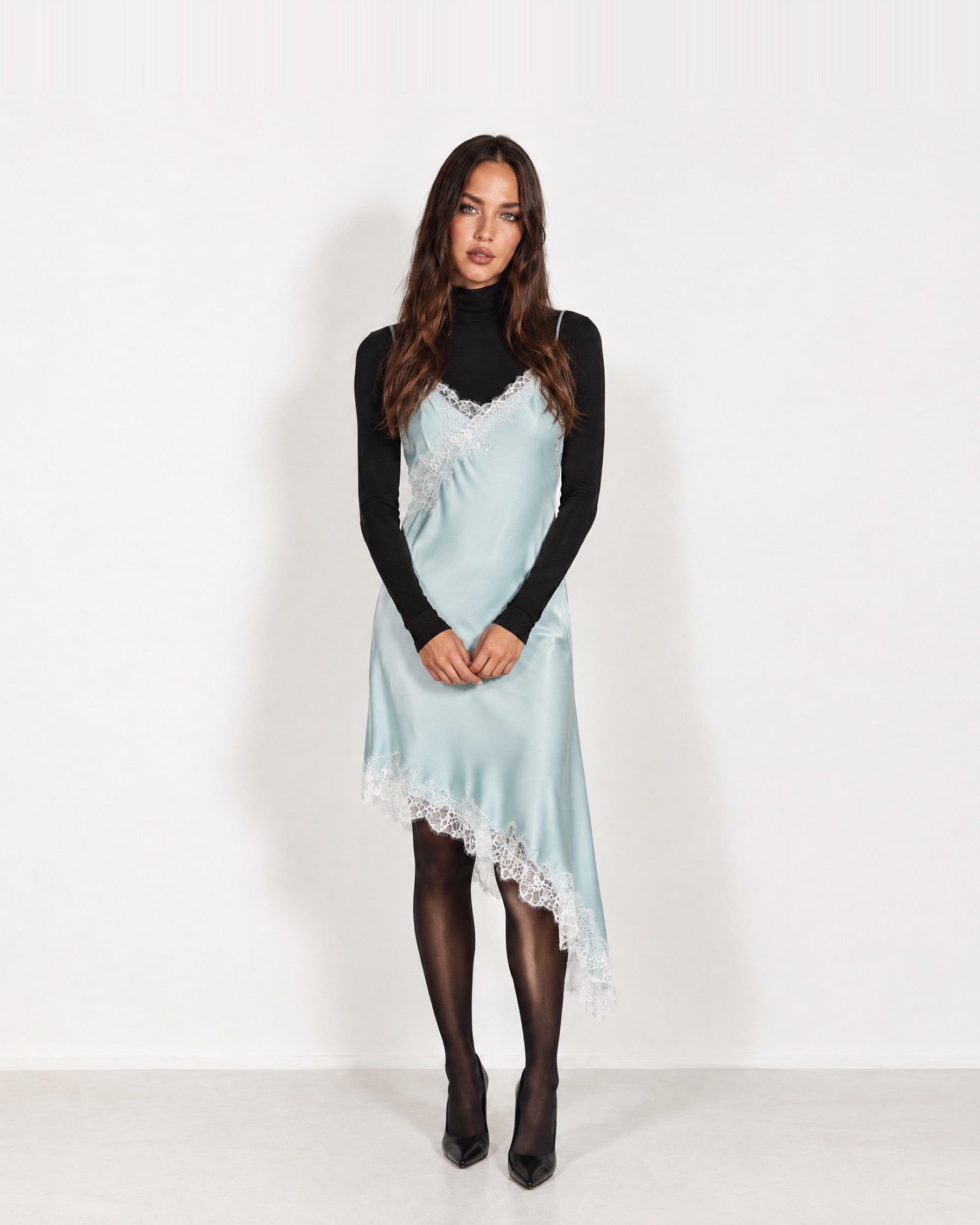 Light Blue Slip Dress Lace Trim Asymmetric Hem