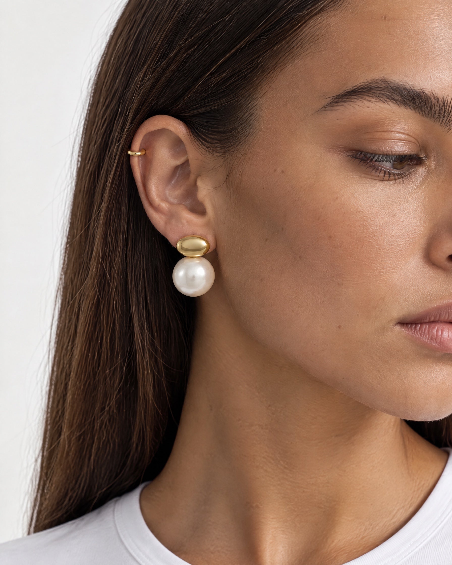 Large Faux Pearl Earrings Gold Tone Studs