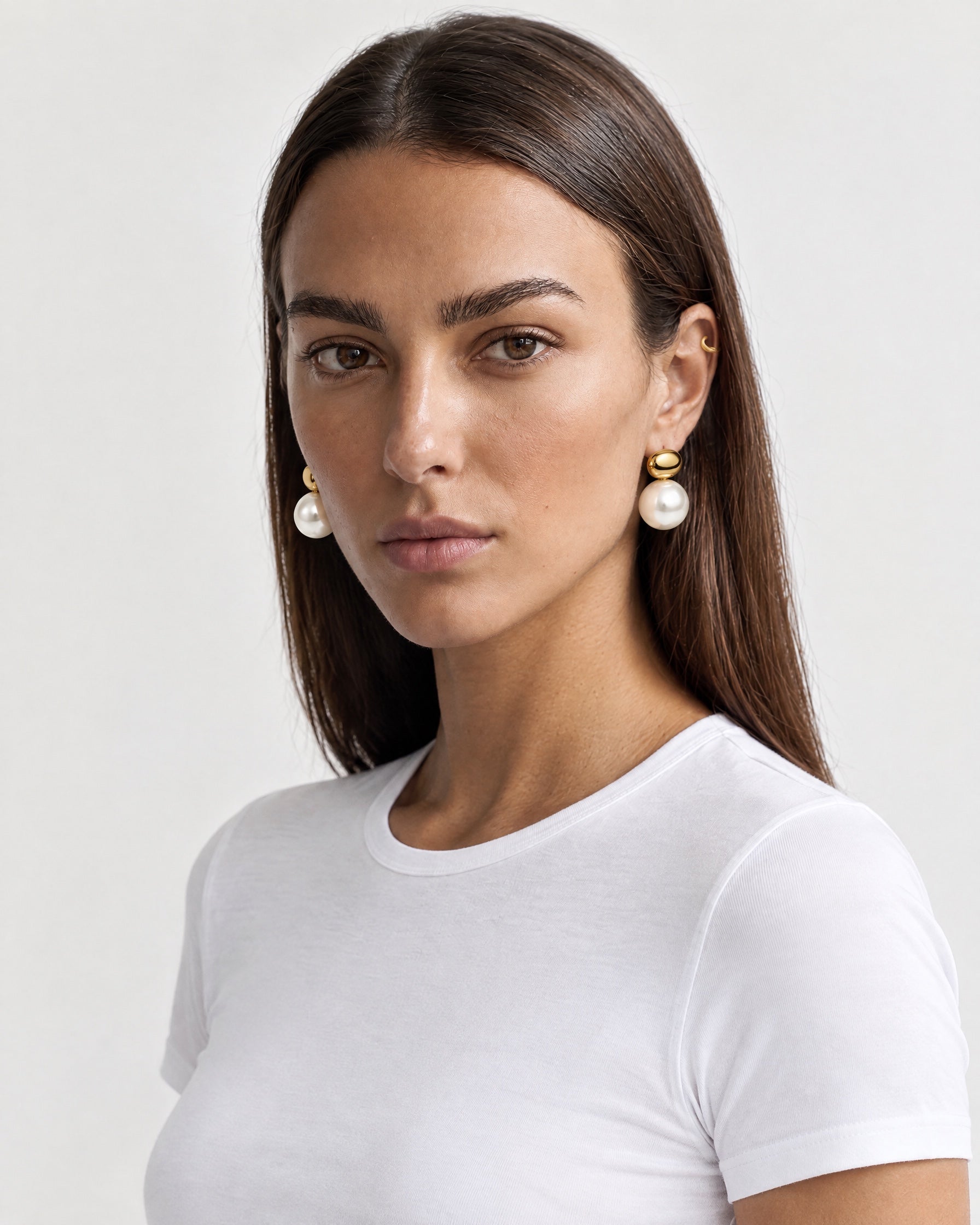 Large Faux Pearl Earrings Gold Tone Studs
