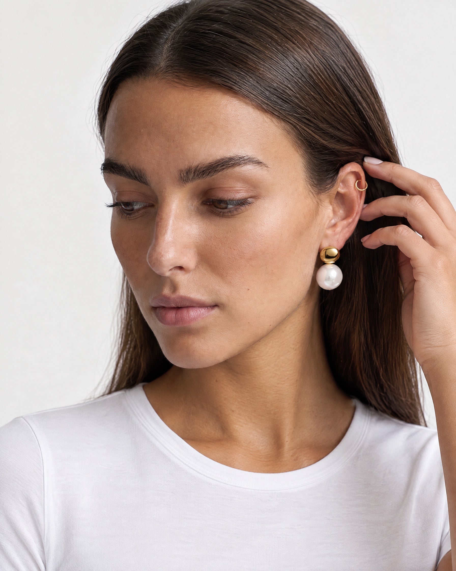 Large Faux Pearl Earrings Gold Tone Studs