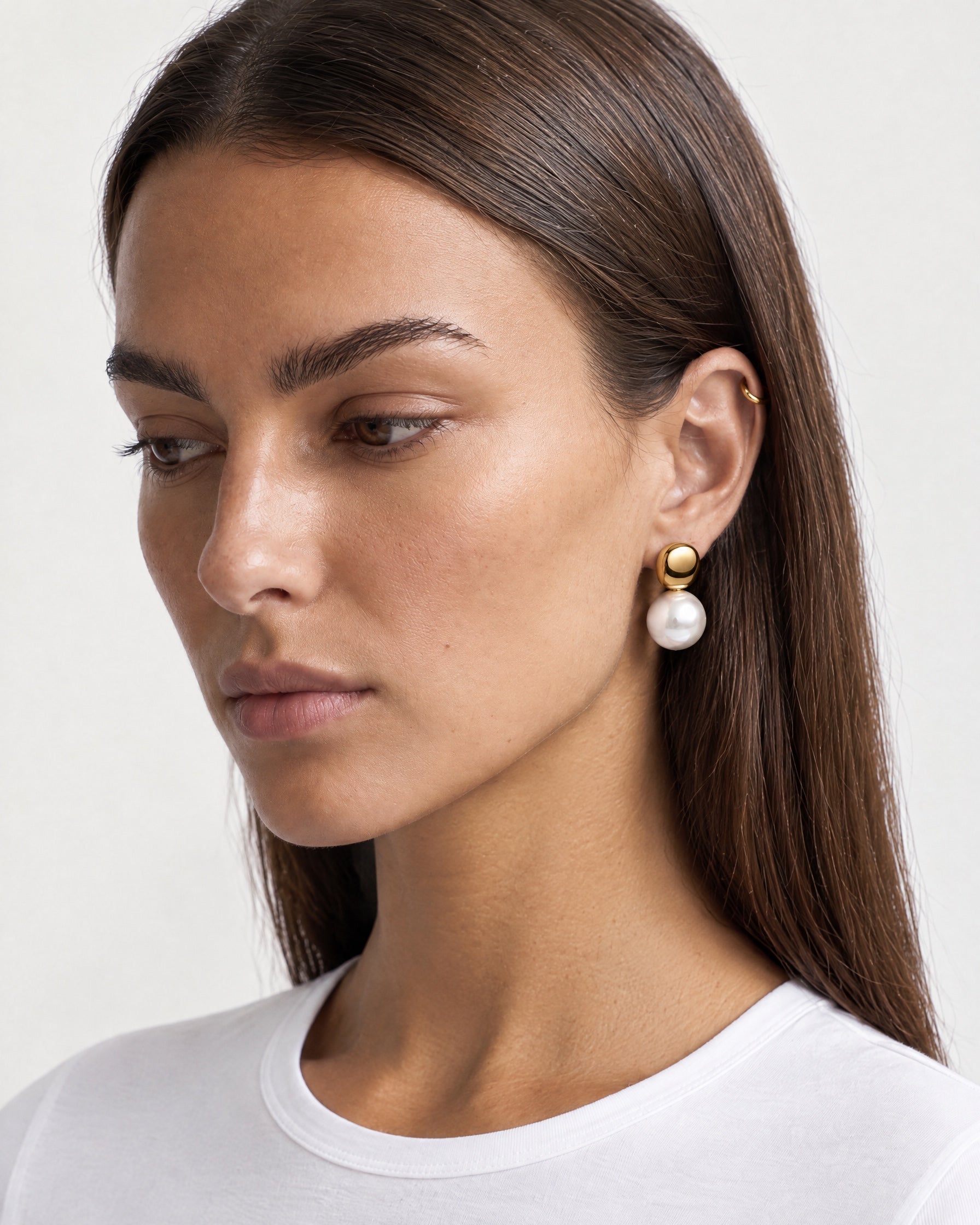 Large Faux Pearl Earrings Gold Tone Studs