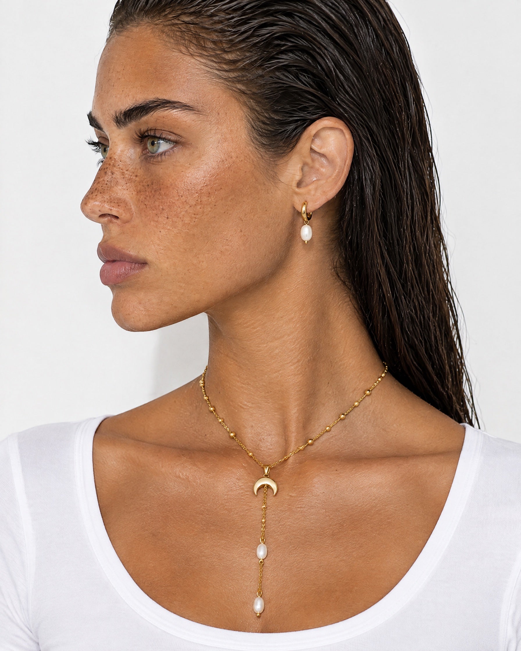 Lariat Necklace Gold Tone Crescent Drop Chain