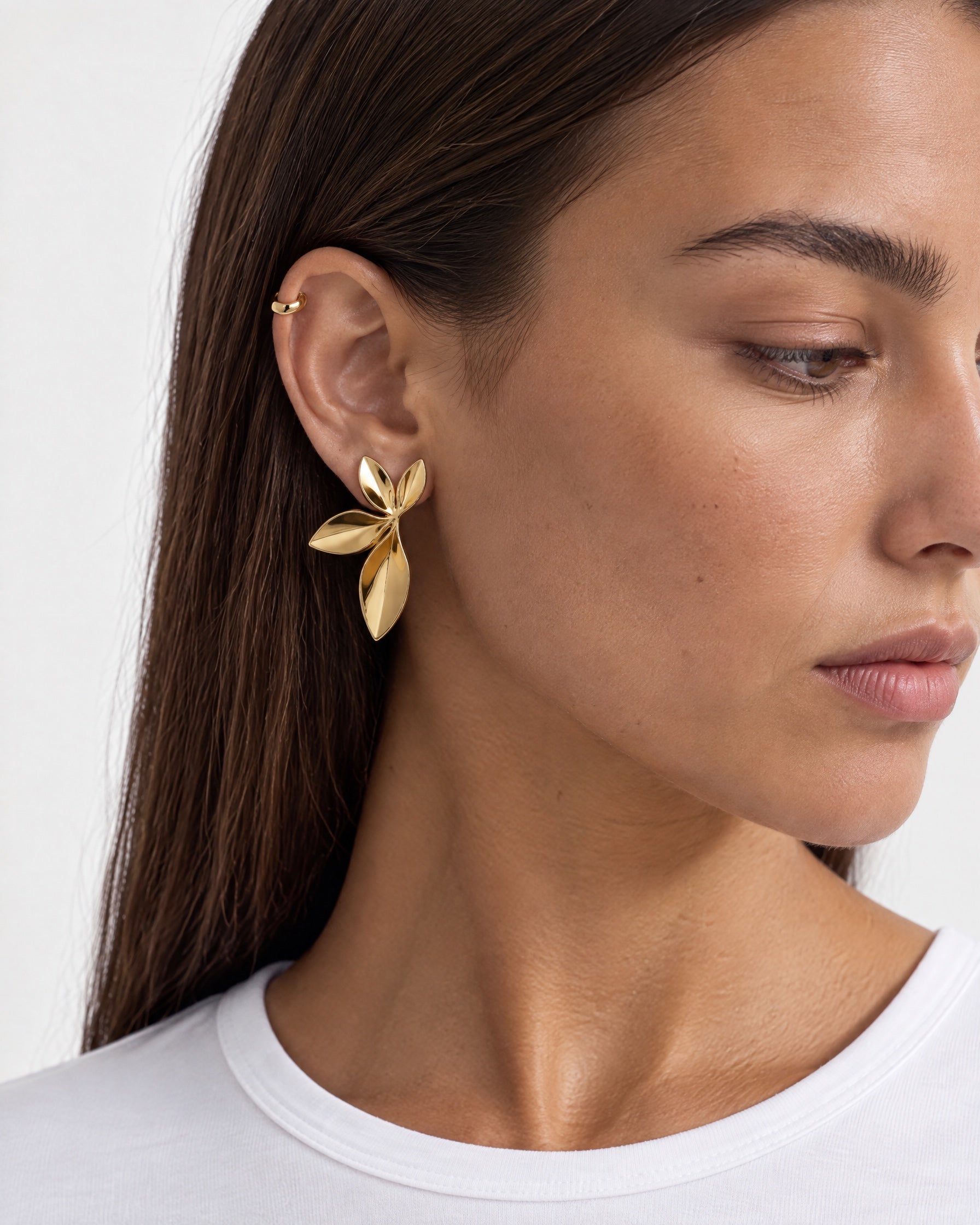 Leaf Stud Earrings Gold Tone Statement Studs - Gold