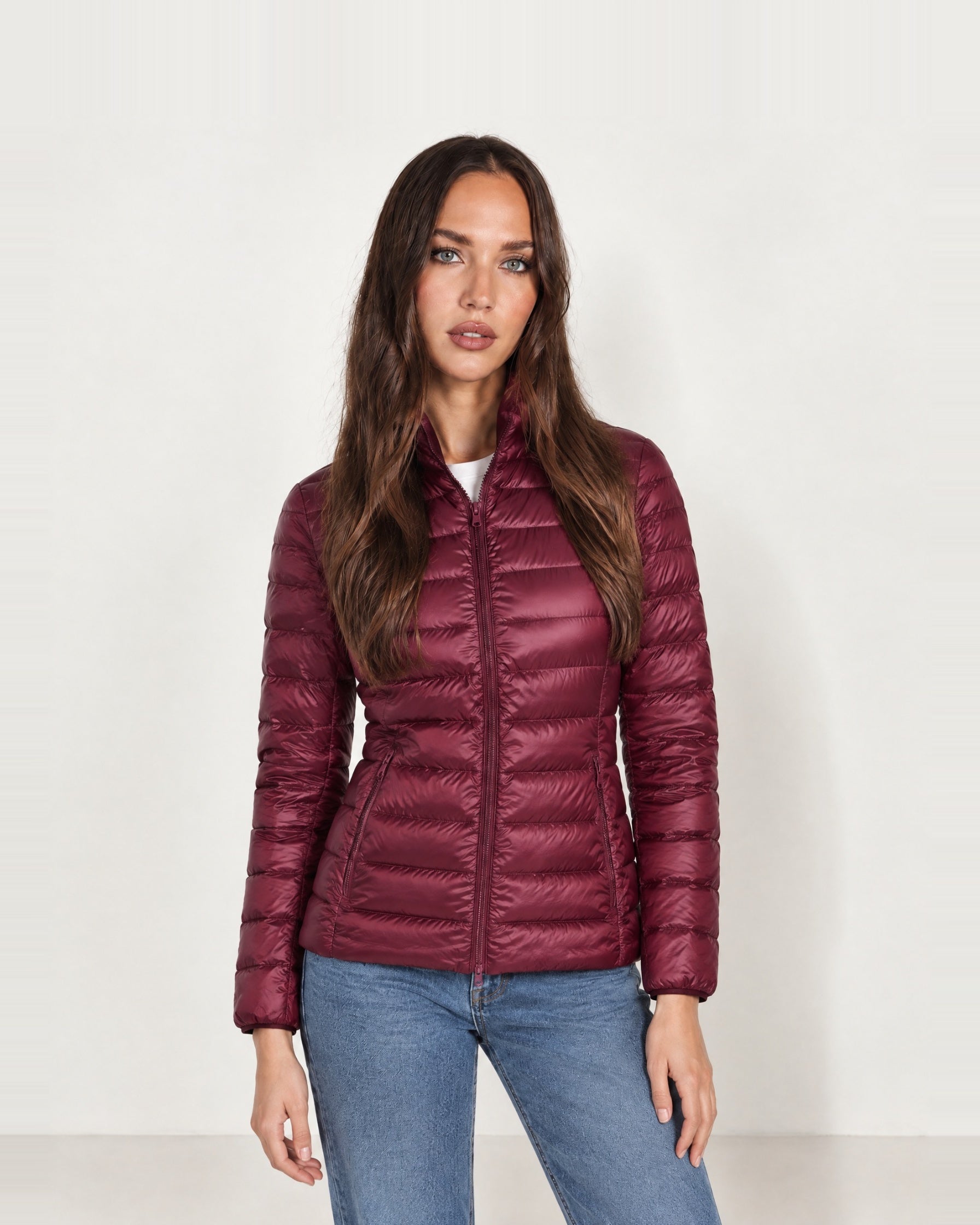 Burgundy Lightweight Puffer Jacket Stand Collar