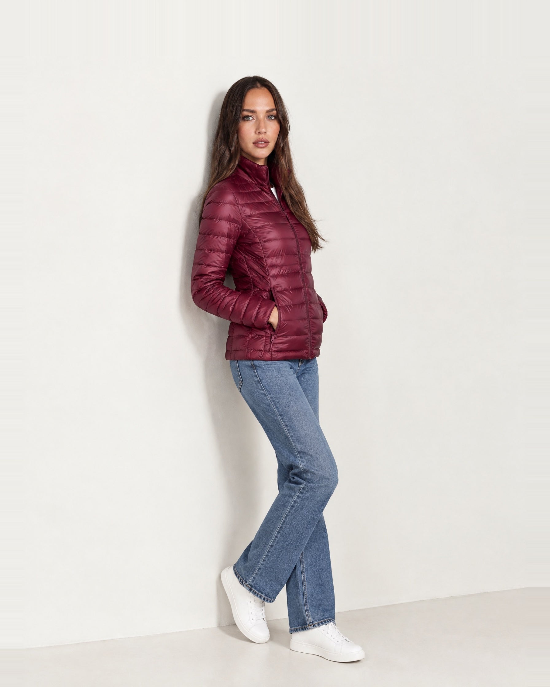 Burgundy Lightweight Puffer Jacket Stand Collar