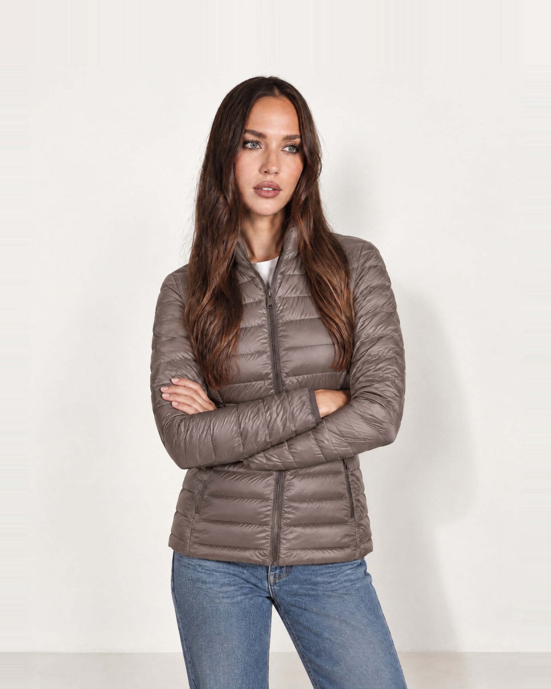 Khaki Lightweight Puffer Jacket Stand Collar