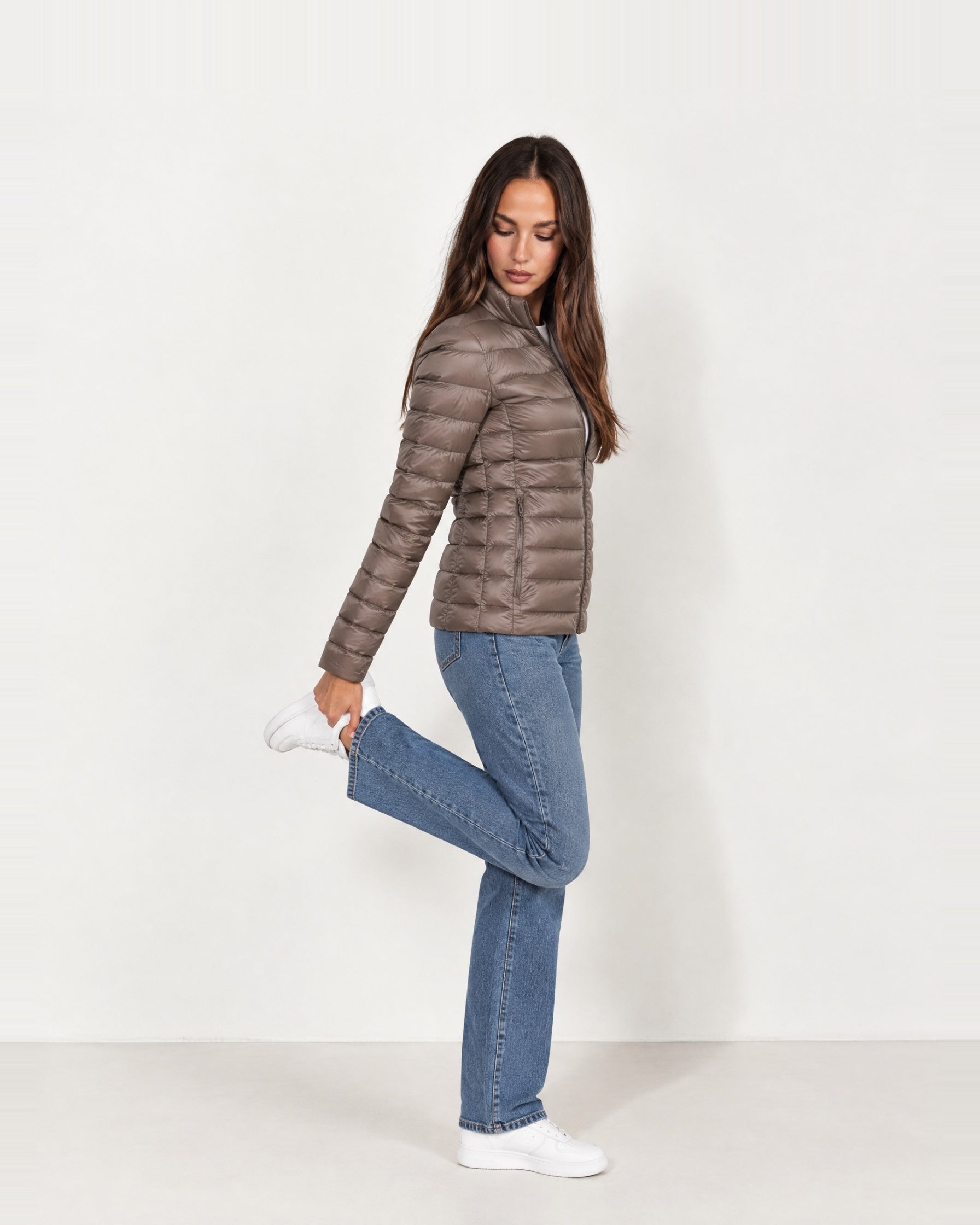 Khaki Lightweight Puffer Jacket Stand Collar