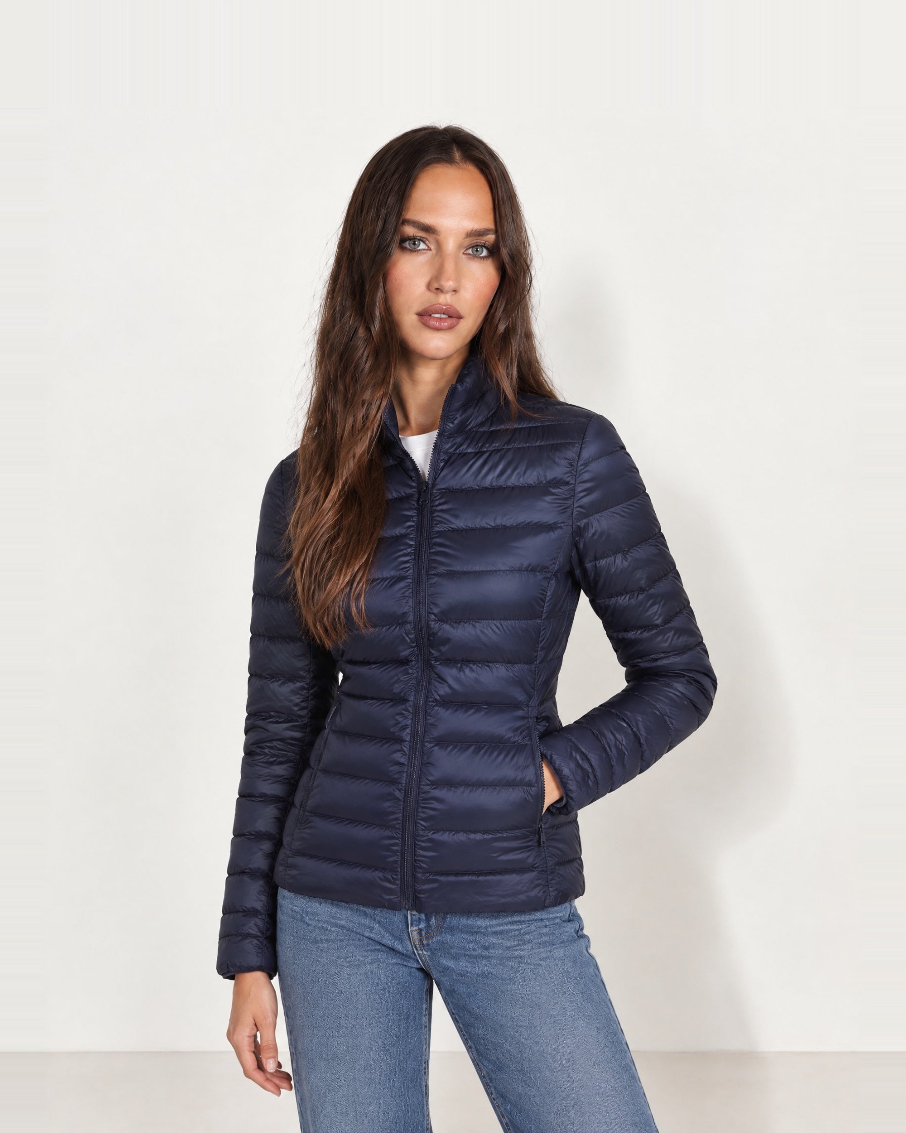 Navy Lightweight Puffer Jacket Stand Collar