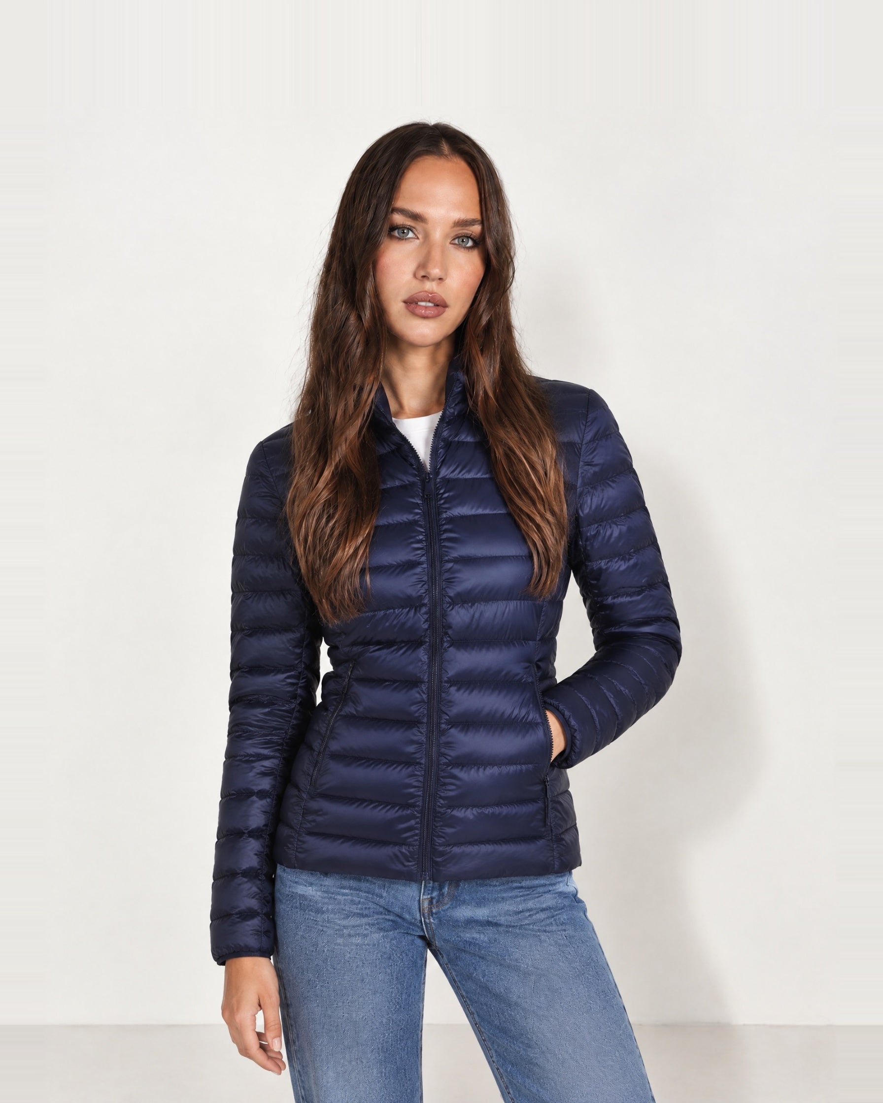 Navy Lightweight Puffer Jacket Stand Collar