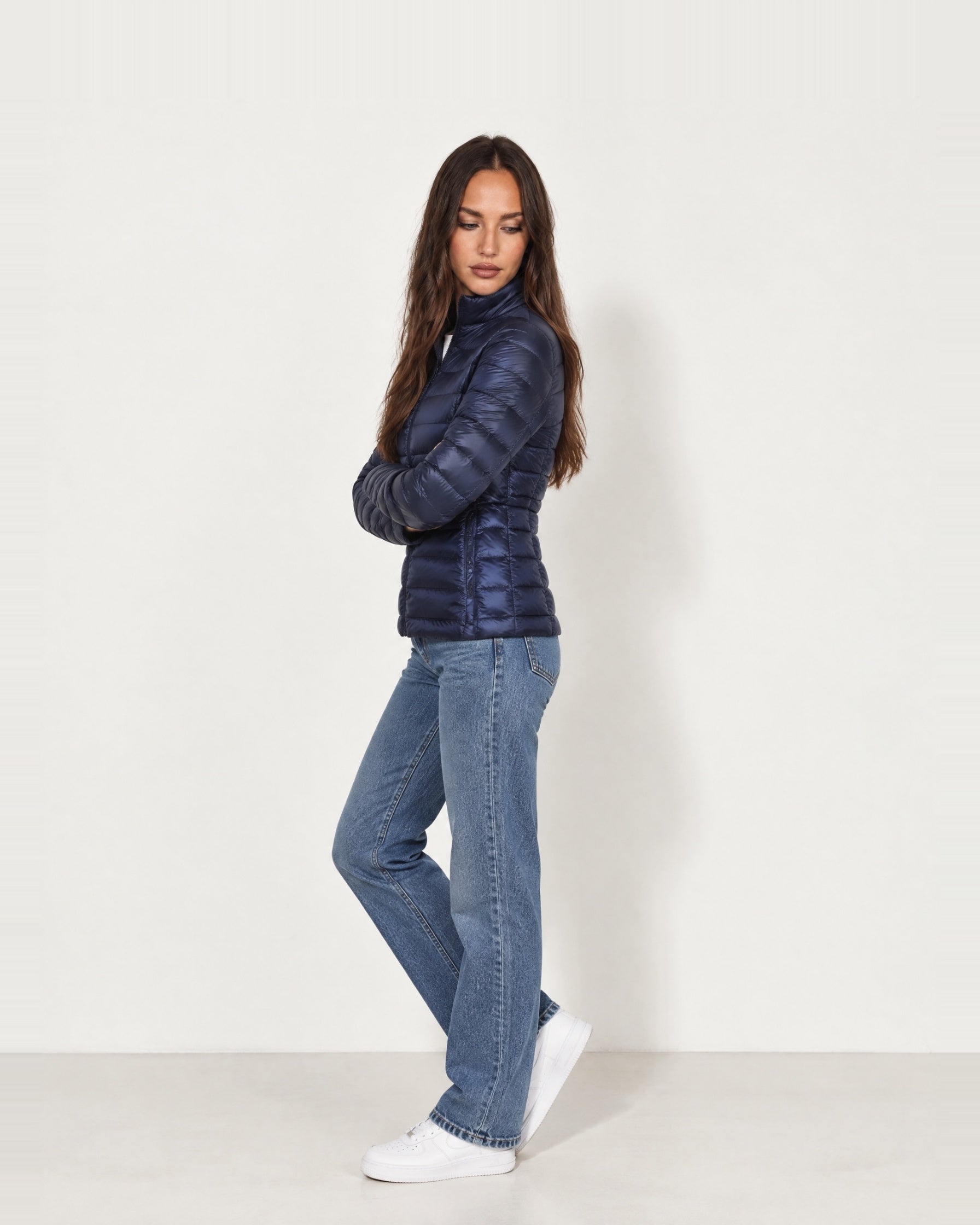 Navy Lightweight Puffer Jacket Stand Collar