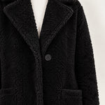 Black Faux Fur Coat Long Teddy Borg Coat with Notch Lapel and Button Front