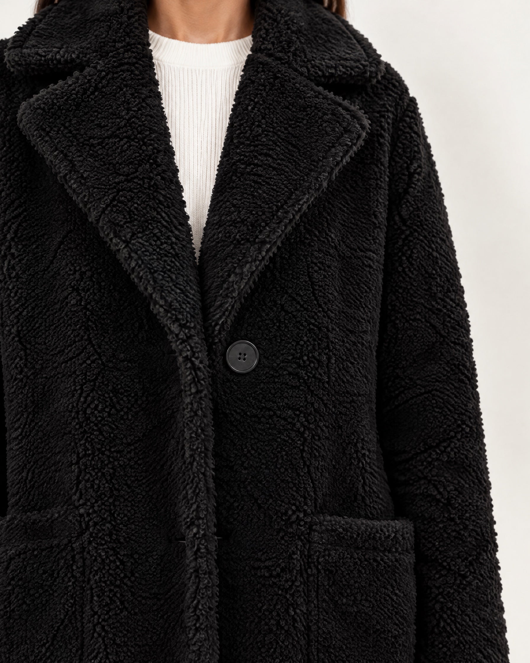 Black Faux Fur Coat Long Teddy Borg Coat with Notch Lapel and Button Front
