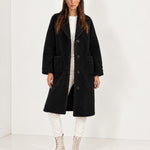 Black Faux Fur Coat Long Teddy Borg Coat with Notch Lapel and Button Front