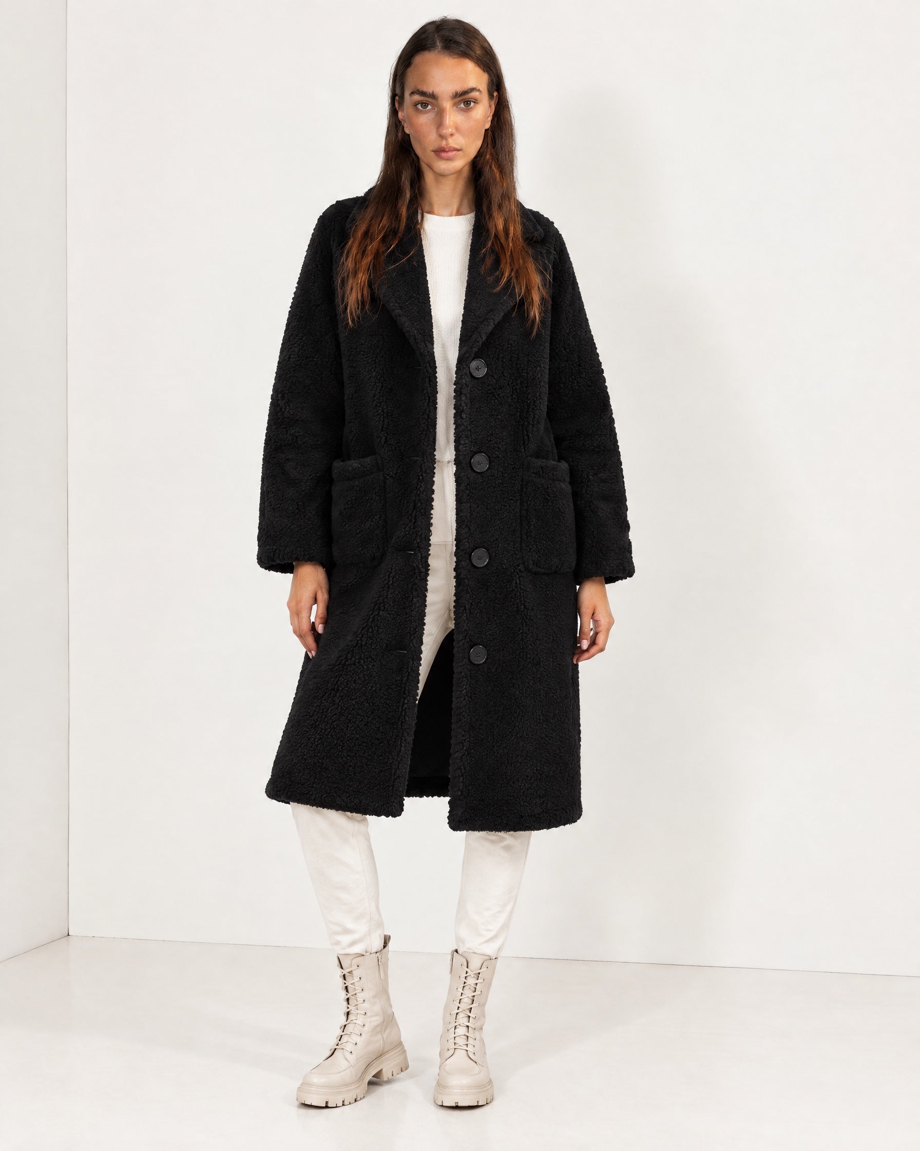 Black Faux Fur Coat Long Teddy Borg Coat with Notch Lapel and Button Front