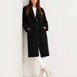 Black Faux Fur Coat Long Teddy Borg Coat with Notch Lapel and Button Front