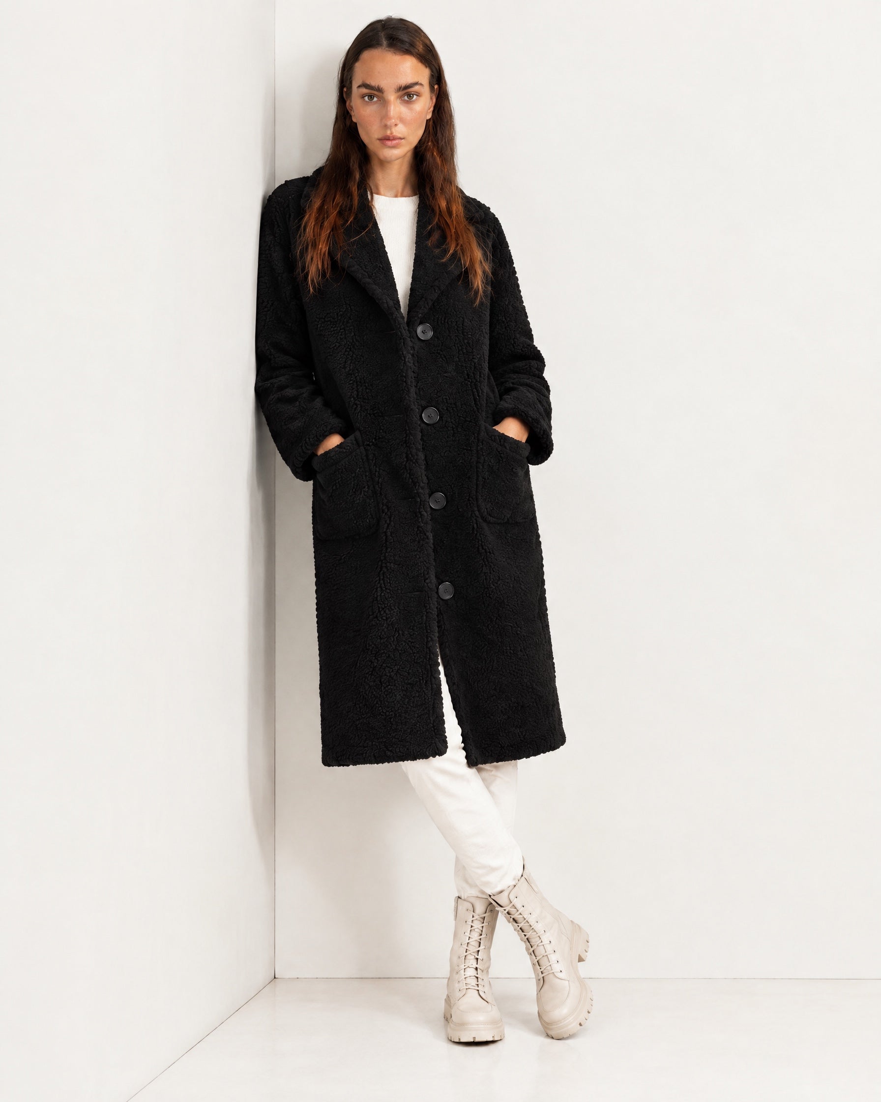 Black Faux Fur Coat Long Teddy Borg Coat with Notch Lapel and Button Front