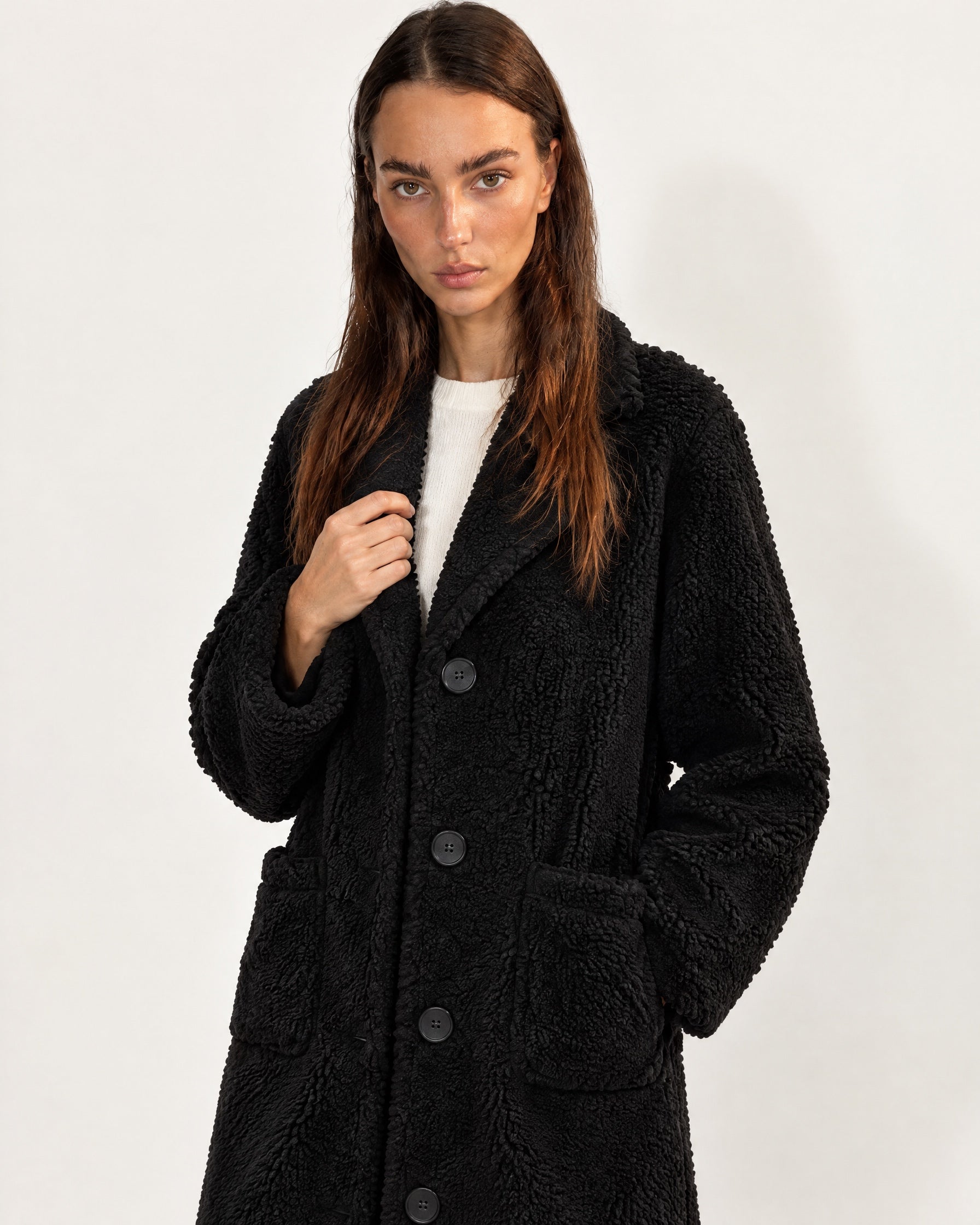 Black Faux Fur Coat Long Teddy Borg Coat with Notch Lapel and Button Front