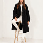 Black Faux Fur Coat Long Teddy Borg Coat with Notch Lapel and Button Front