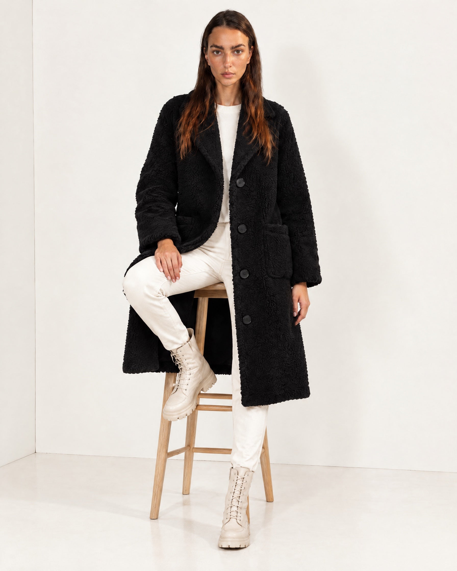 Black Faux Fur Coat Long Teddy Borg Coat with Notch Lapel and Button Front