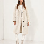 Cream Faux Fur Coat Long Teddy Borg Coat with Notch Lapel and Button Front