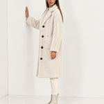 Cream Faux Fur Coat Long Teddy Borg Coat with Notch Lapel and Button Front