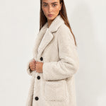 Cream Faux Fur Coat Long Teddy Borg Coat with Notch Lapel and Button Front