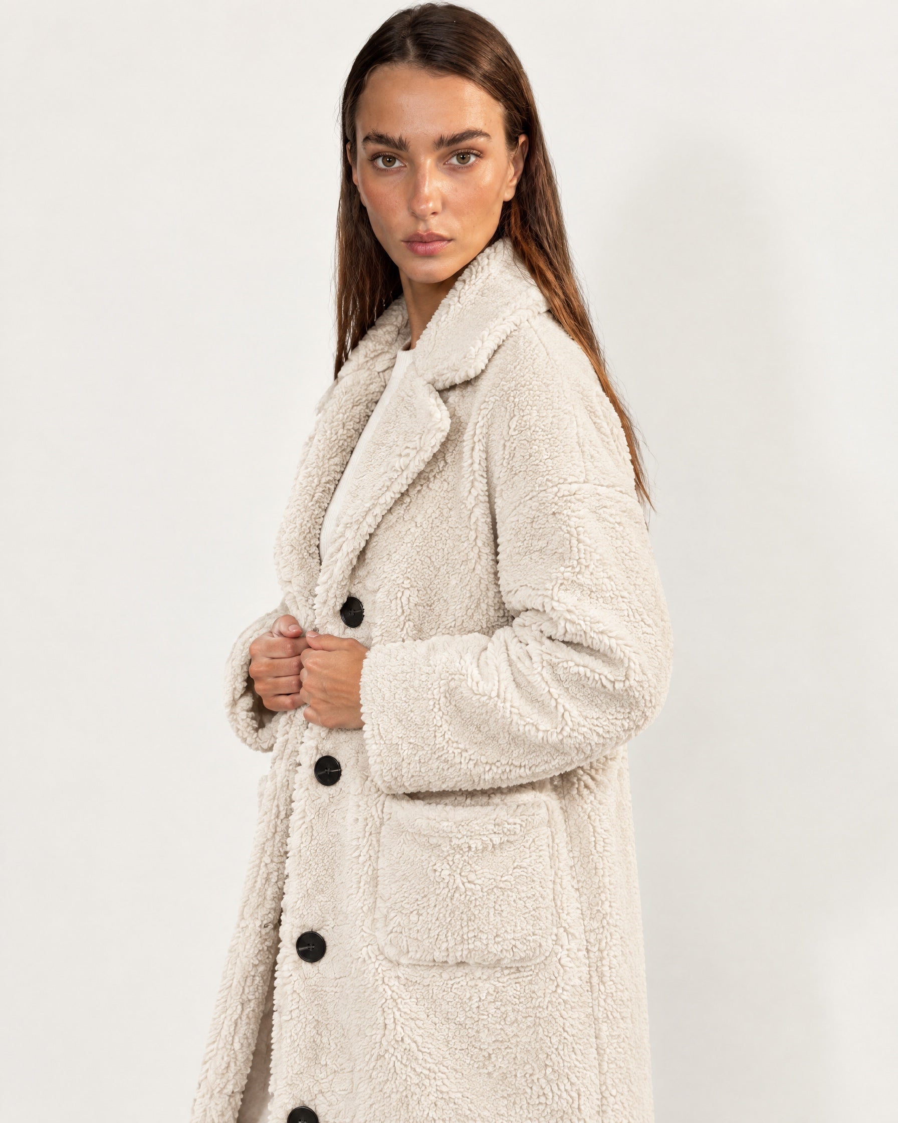 Cream Faux Fur Coat Long Teddy Borg Coat with Notch Lapel and Button Front