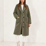 Khaki Faux Fur Coat Long Teddy Borg Coat with Notch Lapel and Button Front