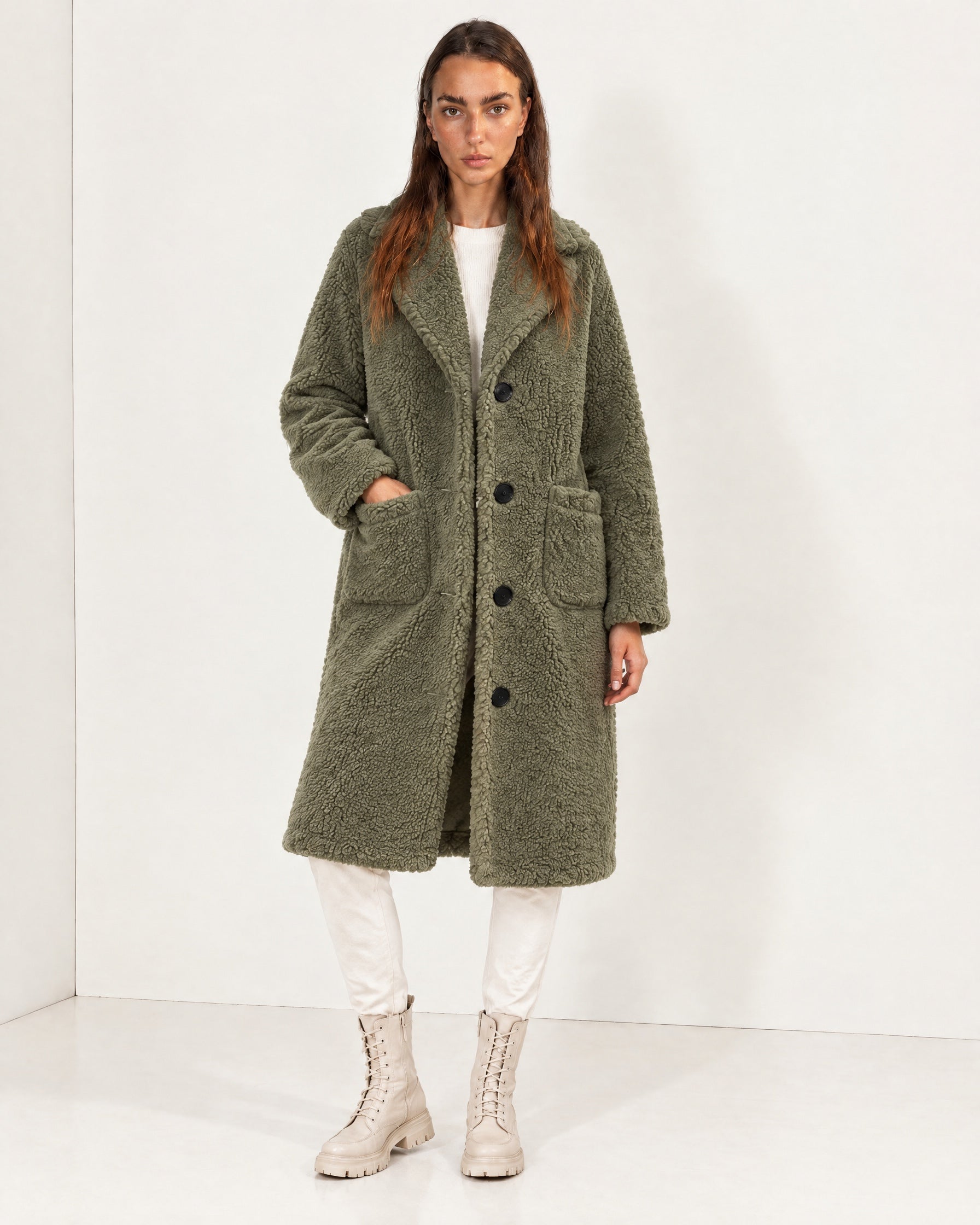 Khaki Faux Fur Coat Long Teddy Borg Coat with Notch Lapel and Button Front