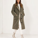 Khaki Faux Fur Coat Long Teddy Borg Coat with Notch Lapel and Button Front