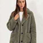 Khaki Faux Fur Coat Long Teddy Borg Coat with Notch Lapel and Button Front
