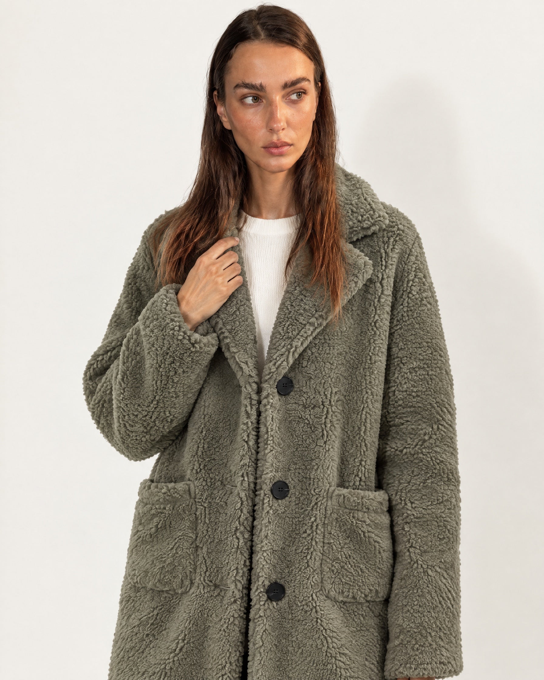 Khaki Faux Fur Coat Long Teddy Borg Coat with Notch Lapel and Button Front